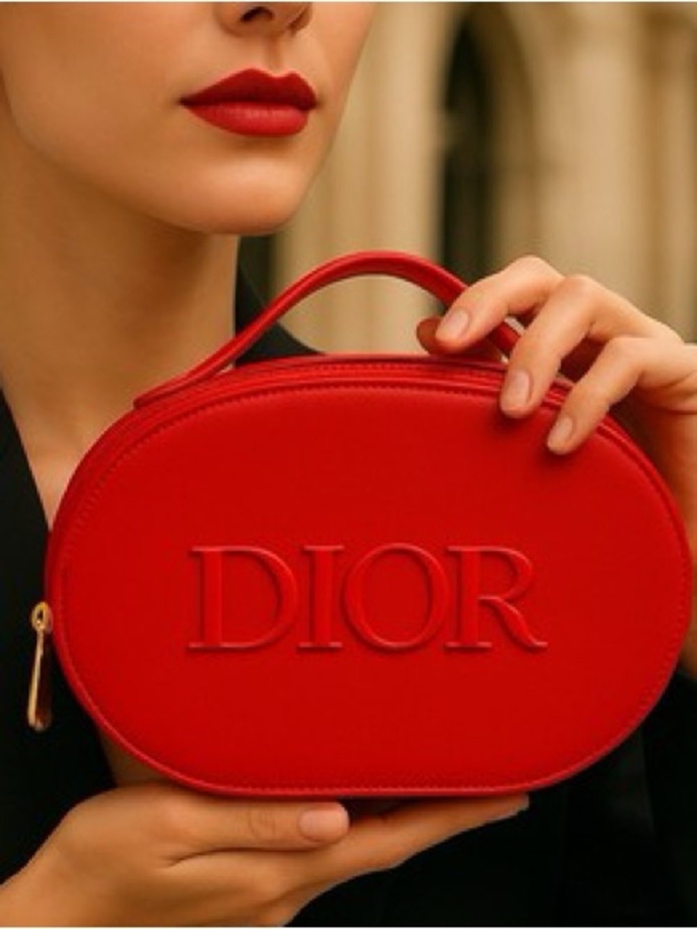 Dior Embossed Oval Red Patent Leather Cosmetic Case